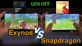 GOS OFF! Galaxy S22 Ultra Exynos 2200 vs Snapdragon 8 Gen1 Genshin Impact Comparison Test