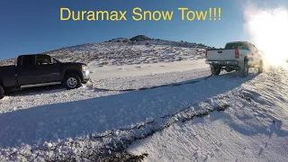 Duramax pulling out stuck Chevy Silverado & TRAILER! - Deep Snow Shoulder!