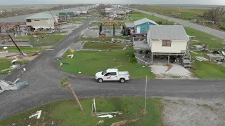 Severe wind and flood damage from Hurricane Ida in South Houma, LA  seen from drone