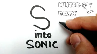 VERY EASY , How to turn letter S into sonic cartoon , learn how to draw sonic