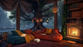 Cozy Tree House  To Relax, Sleep, Study With Fireplace Sounds And Rain Sounds ☔ 💤Deep Sleep Ambience