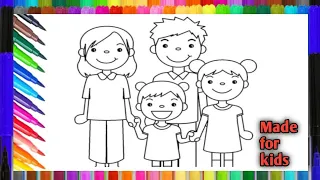 Drawing and coloring A family of 4 members,🧒🧑🧑‍🦰👱 for Kids /kids drawing beginners