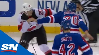 Michael McLeod Fights Chris Kreider After Hitting Mika Zibanejad Along The Boards