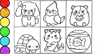 Learn How to draw House Pets- Cat Dog Turtle and others- Glitter painting for preschool