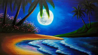 Moonlight night scenery drawing painting | Night seascape painting