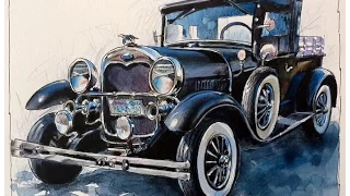 Pen Line Watercolor and Colored Pencils SPEEDPAINT Oldie Car Illustration by Christine Karron