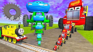Big & Small: Long Monter Truck Mcqueen with Saw Wheels vs Mack the Truck vs Thomas Trains - BeamNG