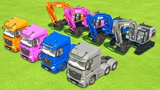 TRANSPORTING EXCAVATOR TRUCK, DUMP TRUCK TO GARAGE WITH MERCEDES BENZ ACTROS MP4 TRUCK! FS22 MODS