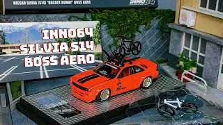 Unboxing ¹/64 Inno64 Nissan Silvia (S14) "Rocket Bunny" Boss Aero - Orange with roof rack and bikes