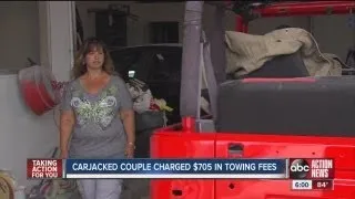 Carjacked couple feels victimized again by towing company bill