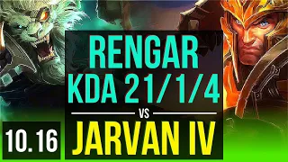 RENGAR vs JARVAN IV (JUNGLE) | KDA 21/1/4, 1.4M mastery points, Triple Kill | TR Diamond | v10.16