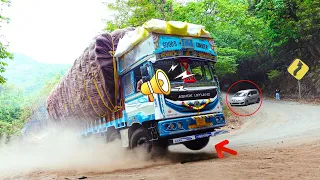 Heavy Loaded Lorry at Full Speed Honking at Crazy Car Driver - Truck Driver Applies Sudden Breaks