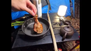 camping solo in the jungle. Grill chicken in a glass pot. Realistic sound