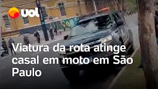 Viatura da Rota atinge casal em moto durante celebração de aniversário da corporação; veja vídeo