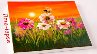 Landscape Painting Flower Field | Wildflowers at Sunset | Acrylic Painting Time lapse