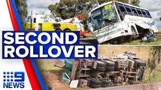 Truck rolls on same road where horror school bus crash occurred in Melbourne | 9 News Australia