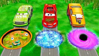 Mega Potion & Lightning & Black Hole pit vs McQueen with Big & Small Pixar Cars! BeamNG. drive!