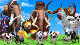 Woolly Mammoth Elephant vs 10 Big Zombie Bulls vs Giant Lion Attack Cow Elephant Saved by Mastodon