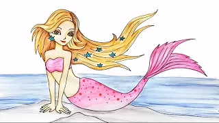 How to draw a Barbie Mermaid at the sea.. step by step / Drawing Tutorial