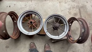 Re-rimming antique spoked wheels.