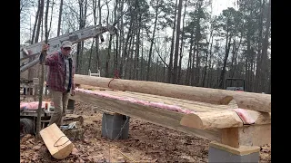 Log Cabin Build Part 2, first half logs for walls, Alaska mill, moving heavy logs with mini crane