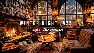 Smooth Jazz Music & Fireplace Sounds in Cozy Winter Coffee Shop Ambience with Snowfall for Relax