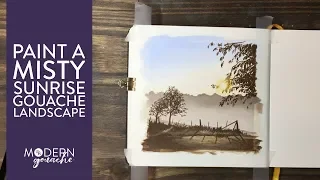 Paint a misty sunrise landscape in gouache