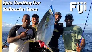 First cast while fishing in Fiji is a big Yellowfin Tuna