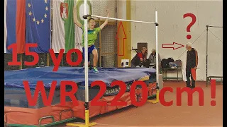 School High Jump! 15 years old boy jumps 220 cm - 7'2½" !!! WORLD RECORD U16 Sandro Tomasini (SLO)