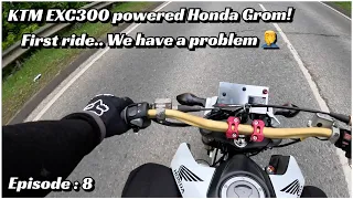 Grom powered by a 2 stroke KTM EXC300 engine, first road ride.. We have a problem! Banshee slayer!