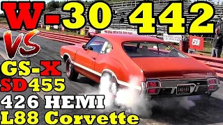 Drag Wars ! W-30 Olds 442 takes on HEMI, L88, SD-455 and GSX - 1/4 Mile Drag Race - RoadTestTV