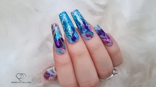 Encapsulated Transfer foil nail design. Inlay nail art