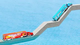 Mack Truck Trailler vs King Dinoco Truck vs Impossible Geometric Bidge Vs Deep Water - BeamNG.Drive