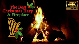 4K Christmas Harp Music & Crackling Fireplace | Instrumental Christmas | Cozy Christmas Ambiance