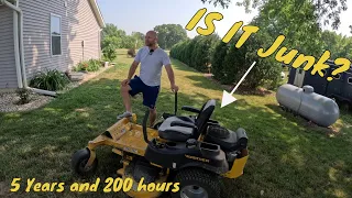 5 years and 200 hours on the Hustler raptor SD Zero Turn lawn mower