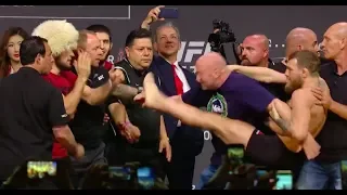 Conor McGregor Tries to Kick Khabib Nurmagomedov At UFC 229 Weigh Ins | Fight Breaks Out In Crowd