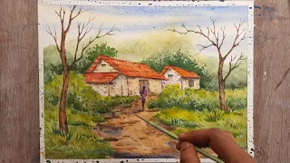 Watercolor painting / watercolor scenery / Easy watercolor landscape / Village drawing #art