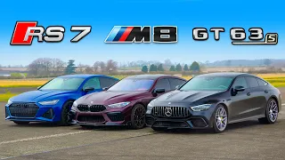 New RS7 Performance  v BMW M8 v AMG GT63: DRAG RACE