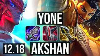 YONE vs AKSHAN (MID) | 24/2/5, Legendary, 1300+ games, 6 solo kills | EUW Diamond | 12.18