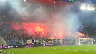 FC Basel fans celebrate goal v Olympique Marseille. Europa Conference League. St Jakob-Park