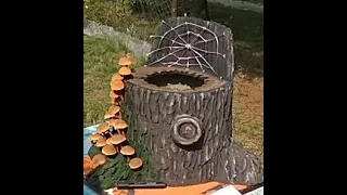 DIY mushrooms and stump of cement.How to make a cement tree stump.