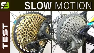 Shimano XTR / XT vs Sram XX1 Eagle - Shifting Performance In Slow Motion.