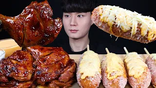 치즈 핫도그 자메이카통다리 치킨 먹방ASMR MUKBANG SPICY BBQ CHICKEN & CHEESY CORN DOGS アメリカンドッグ 辛いチキン eating sounds