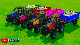 LOAD &TRANSPORT EGGS & DONUTS WITH CASE POLICE TRACTORS  COLORED TRAILERS  TRUCK. #fs22