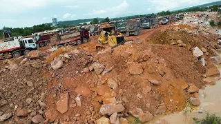 Most Impressing Giant Land Reclamation Processing Bulldozer Moving Rock Many Dumper Unloading Rock