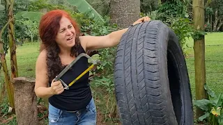 How to make a garden bench with old tire and dry branches - DIY Sustainable Tutorial