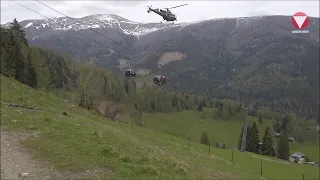 Austrian Alouette III gondola lift rescue training at St. Oswald