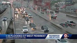 Severe weather causes Interstate 35 to flood at West Pennway in Kansas City