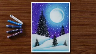 Easy Winter Snowfall Scenery Drawing for Beginners with Oil Pastels - Step by Step