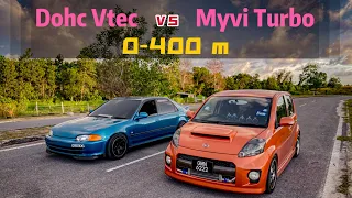 Myvi bolt on turbo vs Honda Dohc Vtec B16A manual 0-400m drag test (Episode.6)